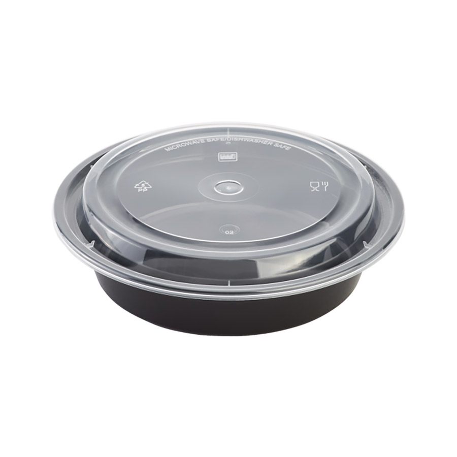 Karat 24 oz PP Plastic Microwavable Round Food Containers & Lids, Black - 150 Sets