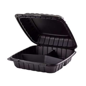 Karat Earth 9" x 9" 3-Compartment Black Mineral Filled PP Plastic Eco-Friendly Clamshell - 120 Count